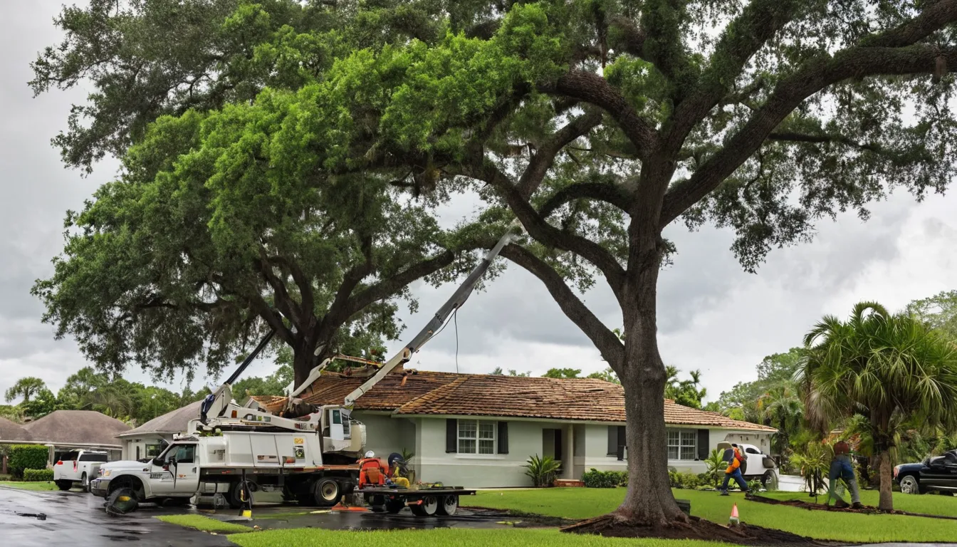A local provider's crew safely cutting a fallen tree off a tile roof on a home in Vero Beach