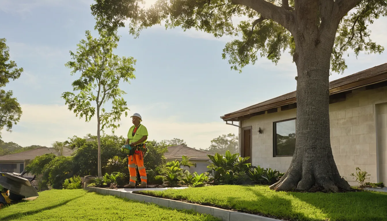 A friendly tree provider inspecting a large tree beside a home in Vero Beach