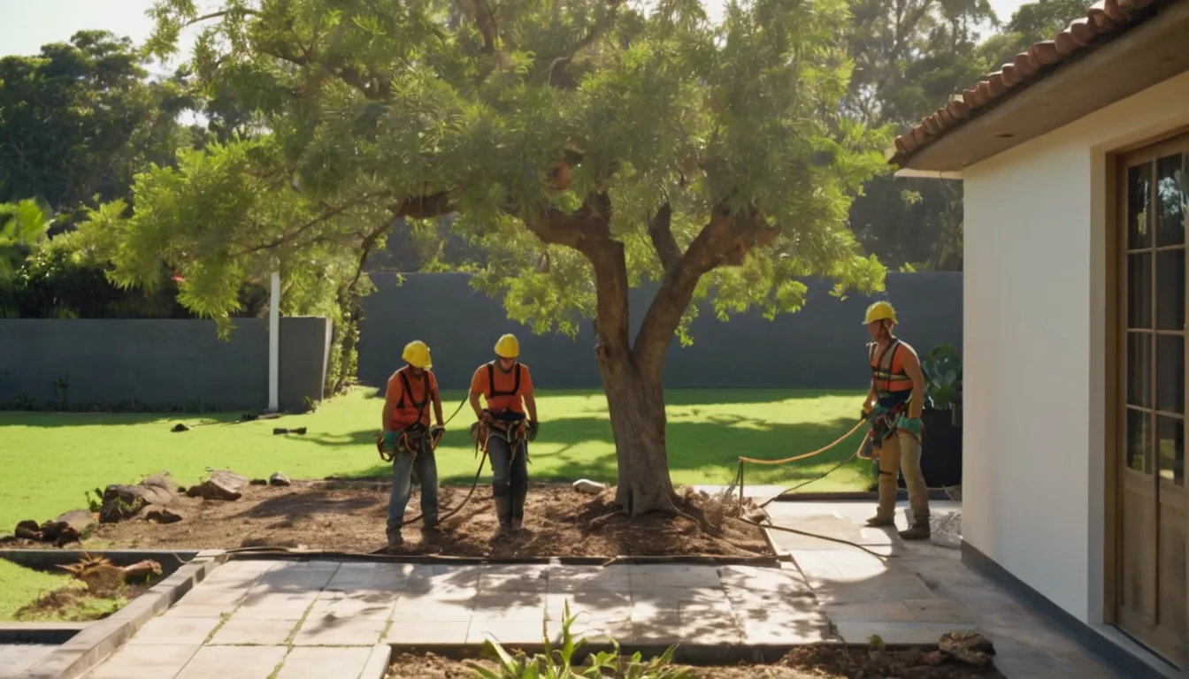 Friendly tree provider crew taking down a large tree behind a single-story home in Vero Beach